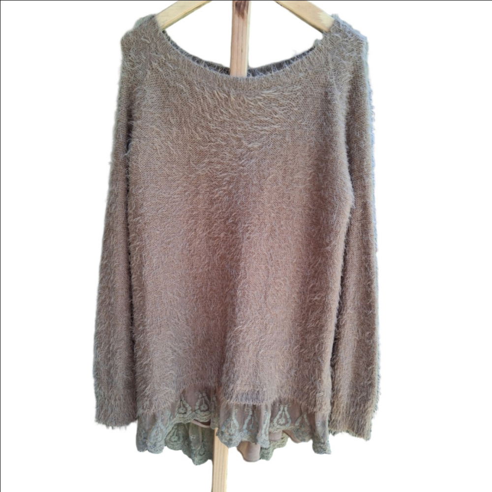 Altar'd State Cozy Fuzzy Scoop Neck Sweater in Taupe